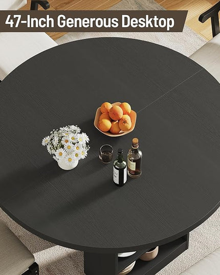 59'' Extendable Dining Table for 4-8, Round Kitchen Room Table with 3-Tier Storage Racks, Adjustable Shelves, Wooden Pedestal Base, for Kitchen, Dinner, Living Room, Office, Black