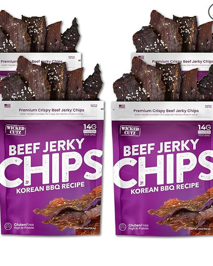 Wicked Cutz Korean BBQ Beef Jerky Chips, 14g Protein per Bag, Crispy & Crunchy Beef Jerky Crisps, USA Made Barbeque Flavored Chips, High Protein Carnivore Snacks (4 Bags)