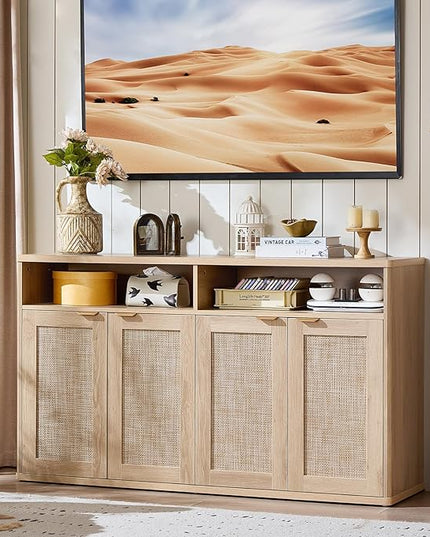 LEYAOYAO Rattan Sideboard Buffet Cabinet,55" Coffee Bar Cabinet with 4 Doors & Open Storage Shelf,Modern Credenza Console Table for Living Room Rattan Farmhouse Entryway Natural