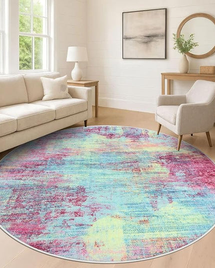 IOHOUZE Abstract Round Area Rug 8 Ft Washable Circle Rugs Large Round Rug Non Slip Thin Soft Circle Rugs, Printed Faux Wool Floor Carpet for Bedroom Living Room Dining Room Nursery, Pink Teal