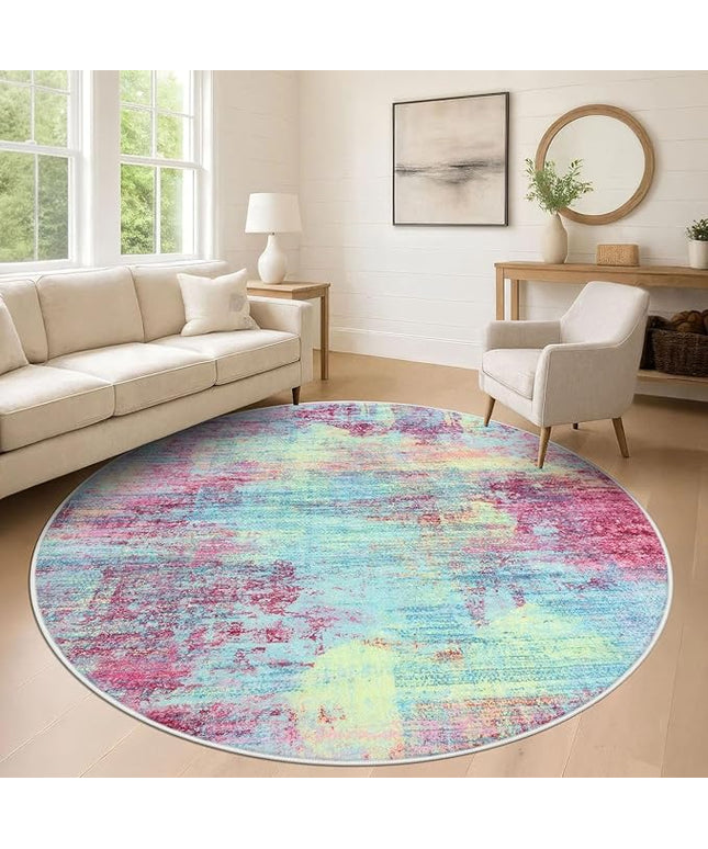 IOHOUZE Abstract Round Area Rug 8 Ft Washable Circle Rugs Large Round Rug Non Slip Thin Soft Circle Rugs, Printed Faux Wool Floor Carpet for Bedroom Living Room Dining Room Nursery, Pink Teal