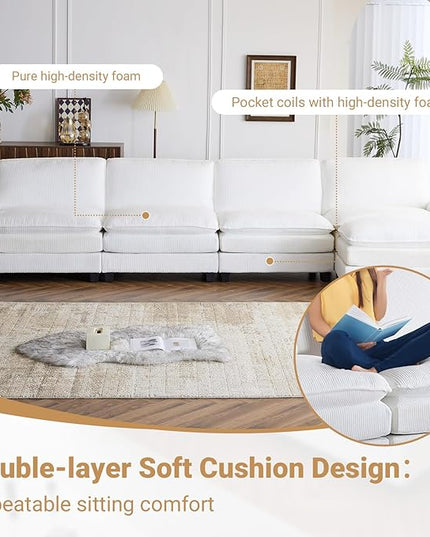 VINGLI 156" Cloud Corduroy Sectional Sofa, Comfy L-Shaped Extra Deep Seat Sofa Couch for Living Room,Modern 4-Seat Convertible Loveseat Sofa with Ottoman for Small Space(White)