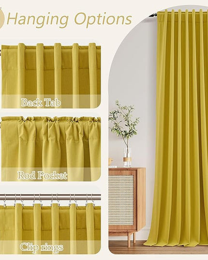 Guken 100% Blackout Curtains 108 Inch Length 2 Panels Set for Living Room Bedroom Back Tab Thermal Insulated Black Out Linen Drapes Room Darkening Celery Yellow,52x108