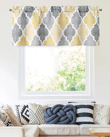 Beauoop Blackout Window Valances Curtains Geometric Quatrefoil Trellis Printed Room Darkening Thermal Insulated Rod Pocket Short Valance Curtains Cafe Bathroom, Yellow/Gray, 50" W x 18" L, 1 Panel