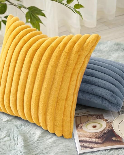 decorUhome Faux Fur Spring Throw Pillow Covers 18x18 Set of 2, Decorative Soft Plush Striped Neutral Couch Euro Pillow Covers with Velvet Back for Sofa, Bed, Living Room Home Decor, Mustard Yellow