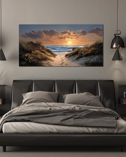 Ouzzlie Brown Wall Art Sunset Wall Decor Landscape Picture Art Print Seascape Canvas Large Coastal Blue Ocean Artwork for Living Room Bedroom Office 29" x 59"