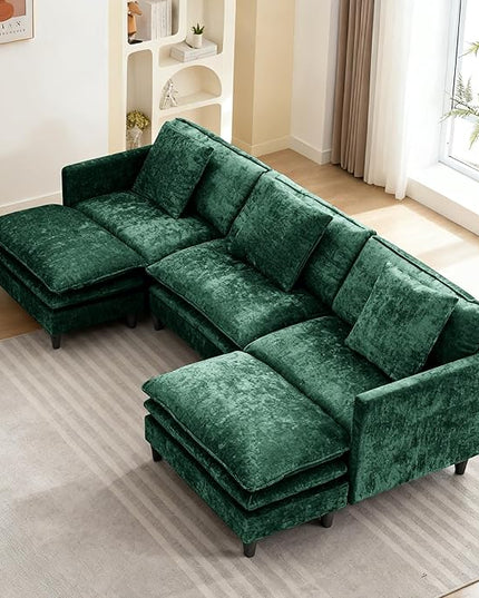 Modular Sectional Sofa,143.31'' Modern Sofa Sleeper Couch,Comfy Cloud Couches with 3 Seat & 2 Ottoman & 3 Pillows Sofa Set,Deep Seat Sofa with Movable Ottoman for Living Room,Chenille(Green, U Shaped)