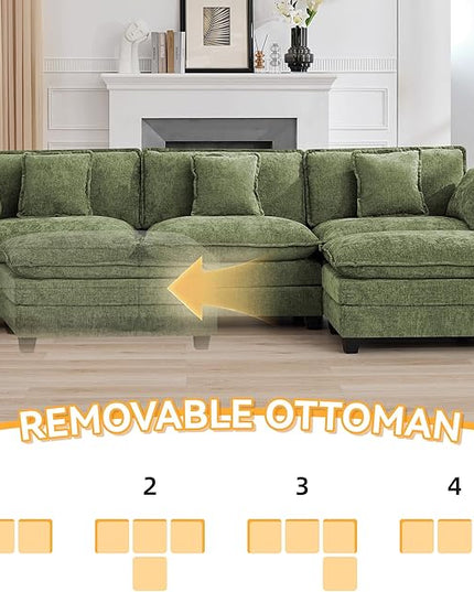 111'' Sectional Cloud Deep Seat Couch, Modern Comfy Chenille L Shaped Sectional Sofa for Living Room Set, Upholstered Modular 3-Seats Sofa Couch with 1 Movable Ottoman, Green