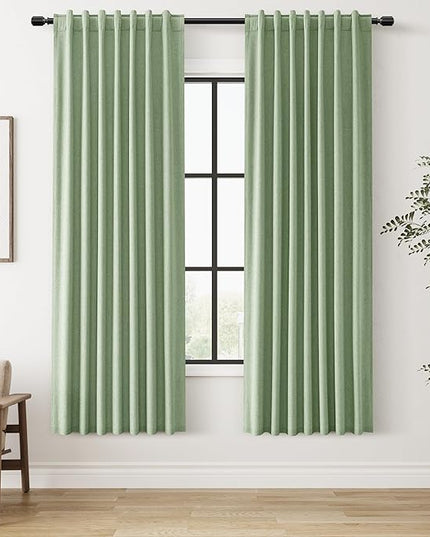 Guken 100% Blackout Linen Curtains 72 Inch Length 2 Panels Set for Living Room Bedroom Back Tab Thermal Insulated Black Out Linen Drapes Room Darkening Window Curtains,Light Sage