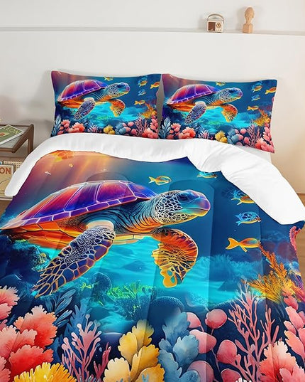 Ocean Bedding Turtle Comforter Set Full Size,Undersea World Bedding Collections for Kids Teens Boys Room Decor,Colorful Coral Aquatic Plants Beach Themed Bedding with 2 Pillowcases.