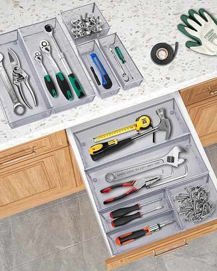 Neudeco Silverware Drawer Organizer,Utensil Organizer for Kitchen Drawer Organizer for Large Utensils with Interlocking Arm, Silverware Storage Cutlery Tray for Knives Fork Spoon (Pack 5, Silver)