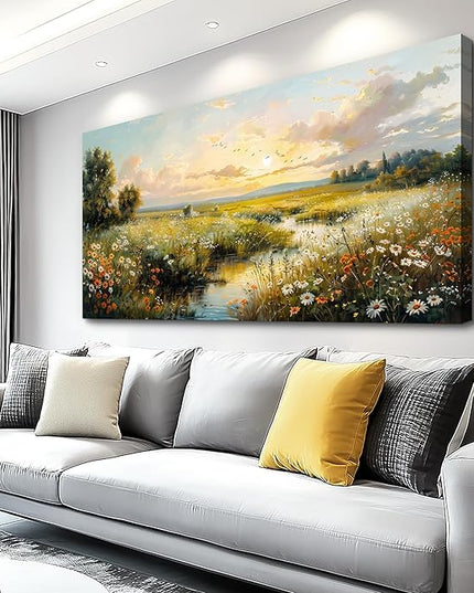 XIGUANGART Rustic Landscape Wall Art Canvas Prints Nature River Meadow flowers Wall Decor Sunset Pastoral Abstract Pictures Modern Artwork for Living Room Bedroom Kitchen Office Large Home Decorations
