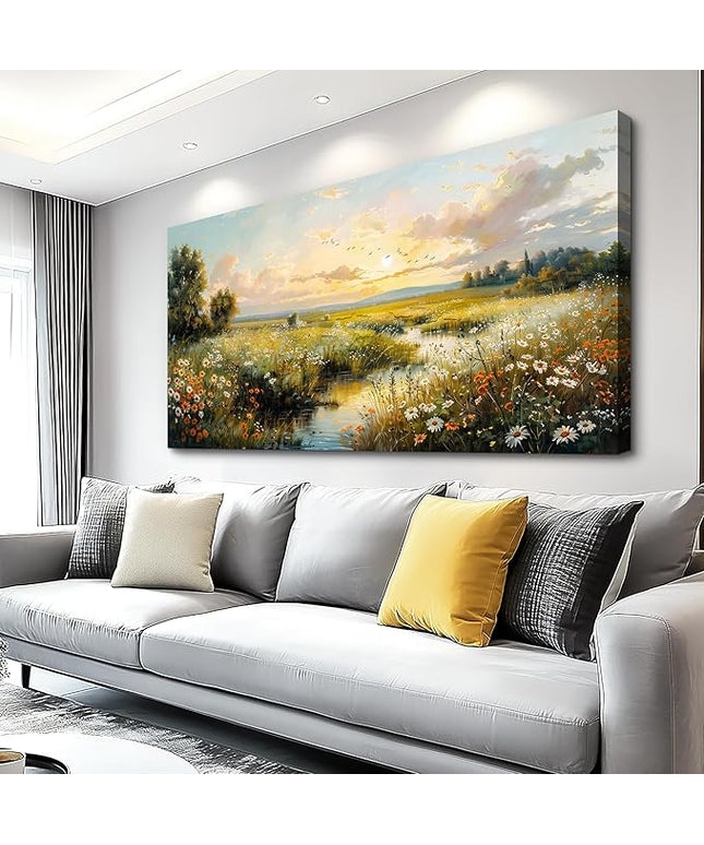 XIGUANGART Rustic Landscape Wall Art Canvas Prints Nature River Meadow flowers Wall Decor Sunset Pastoral Abstract Pictures Modern Artwork for Living Room Bedroom Kitchen Office Large Home Decorations
