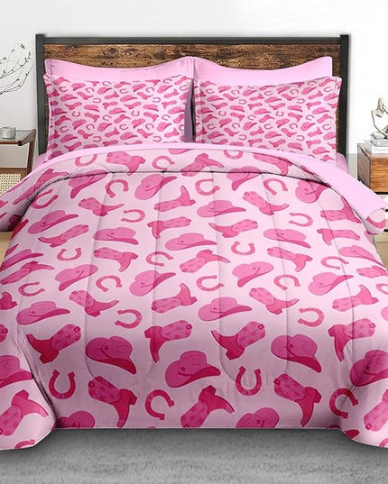 Comforter Set Queen Size, Pink Cowboy Cowgirl 7 Pcs Bedding for Kids and Adults, Cute American Western Bed Sheet Sets with Fitted Sheet 2 Pillowcases & 2 Shams