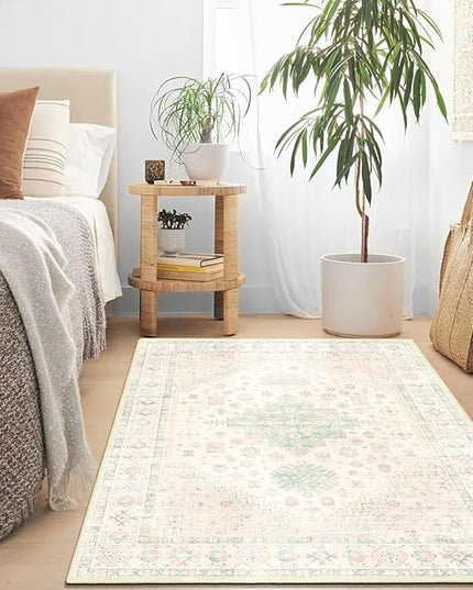 MUJOO 3x5 Rug Washable,Boho Area Rug for Bedroom Entryway Living Room Bathroom,Small Non Slip Indoor Throw Carpet Low Pile Light Pink and Green