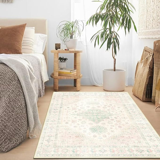 MUJOO 3x5 Rug Washable,Boho Area Rug for Bedroom Entryway Living Room Bathroom,Small Non Slip Indoor Throw Carpet Low Pile Light Pink and Green