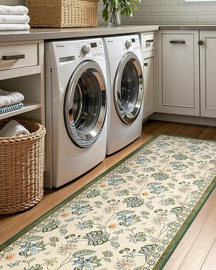 jinchan Elora 3x10 Floral Runner Rug for Hallway Washable Runner Vintage Romance Christmas Design Non Slip Thin Indoor Floor Cover Low-Profile Throw Carpet for Entryway Bathroom Porch, Green/Beige