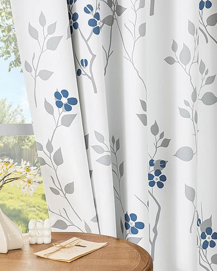 Beauoop Floral 100% Blackout Curtains 84 Inches Long 2 Panels for Bedroom Living Room Blue Grey and White Flower Patterned Room Darkening Thermal Soundproof Rod Pocket Back Tab Window Drapes, 52X84