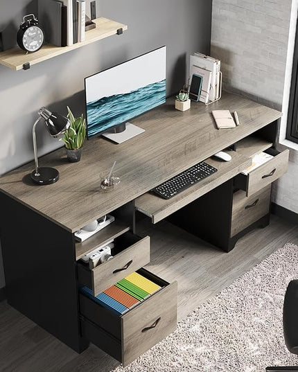 Bestier 59” Computer Desk with 4 Drawers, Office Desk with Storage, Industrial Executive Desk with File Drawer, Keyboard Tray & 2 Pedestals on Both Sides for Home Office & Studio, Grey