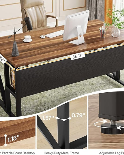 Tribesigns 55 inches Computer Desk with Bottom Storage Shelf Home Office Desk Writing Table for Workstation, Dark Walnut + Steel Leg, Cabinet not Included (Walnut, 55-inch -with Shelf)