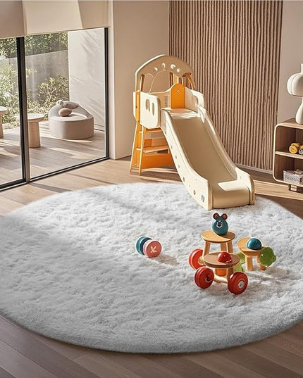 Ophanie Round Rug 6Ft White Circle Area Rug, Aesthetic Room Decor, Fluffy Fuzzy Bedroom Carpet, Plush Soft Shaggy Living Room Rugs for Kids Home Decor, Nursery
