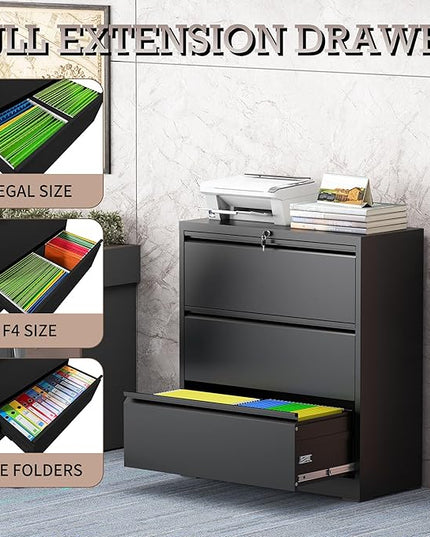 3 Drawer Lateral File Cabinet with Lock, Lateral File Cabinets for Home Office, Metal File Cabinet, Heavy Duty File Storage Cabinet for Legal/Letter/A4 Document, Assembly Required, Black