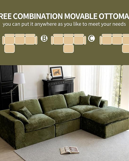 115''Cloud Sectional Couch, Modern L-Shape Sofa with Ottoman, Oversized Convertible 3 Seater Modular Couches for Living Room, Forest Green