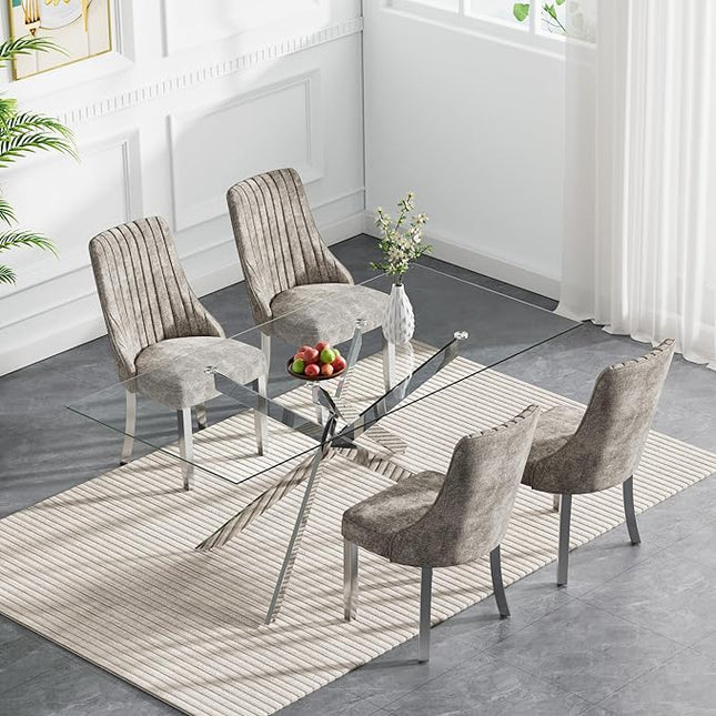 Rectangle Glass Dining Table Set for 4, 60'' Kitchen Table and Chairs Set, 5PCS Modern Dining Room Table Set with 4 Dining Chair for Home