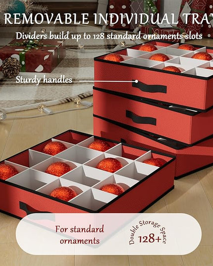 VERONLY Christmas Ornaments Storage Box with Adjustable Dividers - 8 Layers & 128 Compartments, Large Ornament Organizer with Lid for Xmas Decorations, Shatterproof Tray Design, 600D Oxford (Red)