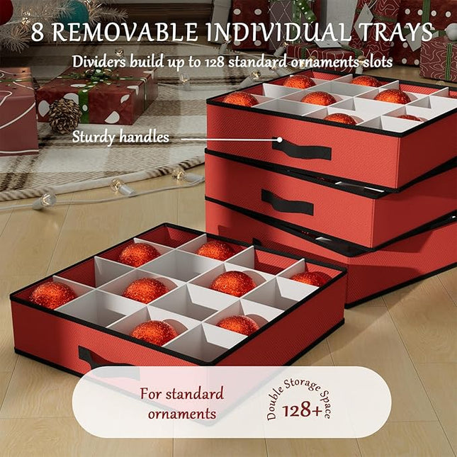 VERONLY Christmas Ornaments Storage Box with Adjustable Dividers - 8 Layers & 128 Compartments, Large Ornament Organizer with Lid for Xmas Decorations, Shatterproof Tray Design, 600D Oxford (Red)