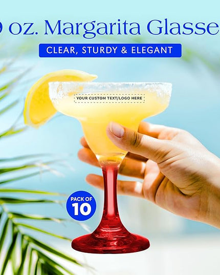 DISCOUNT PROMOS 10 Margarita Glasses Set, 9 oz. - Personalized Text, Logo - Classic, Smooth, Barware, Glassware - Red