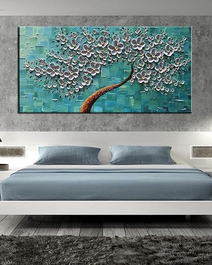 YaSheng Art - 100% hand painted Flower Art Oil Painting On Canvas Texture Silver Flowers Tree Paintings Modern Home Bedroom, Dining Room, Decor Wall Art 3D Abstract Artwork Paintings 20x40inch
