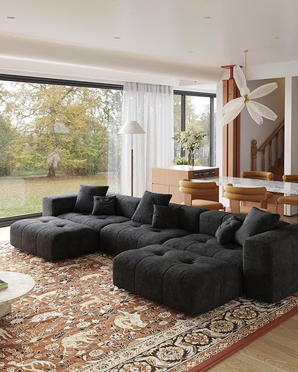 JACH 144.1 Inch U-Shaped Modular Sofa, Mid Century Modern Deep Seat Sectional Couch, 3-Seater Sofas with Chaise Ottomans for Living Room, Cozy Sofas for Apartment, Living Room (Linen Fabric, Black)