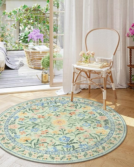 Wonnitar Washable Floral Round Rug, 6ft Sage Green Round Area Rugs for Bedroom Nursery, Boho Non-Slip Indoor Large Circle Carpets for Dining Room Living Room Kids Playroom