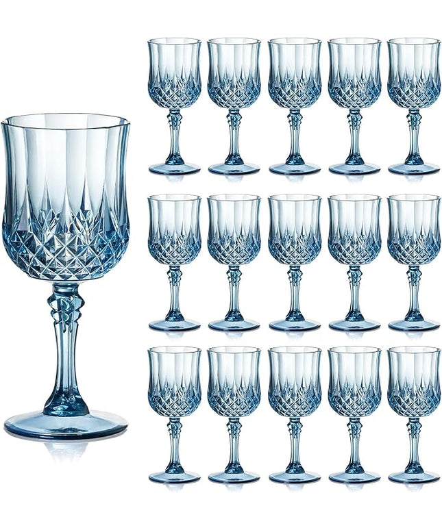 XUWAIDSGN 7oz Plastic Vintage Wine Glasses Drinking Glasses Unbreakable Wedding Glassware Crystal Water Goblets Reusable Drinkware Vintage Champagne Flutes(16, Blue)