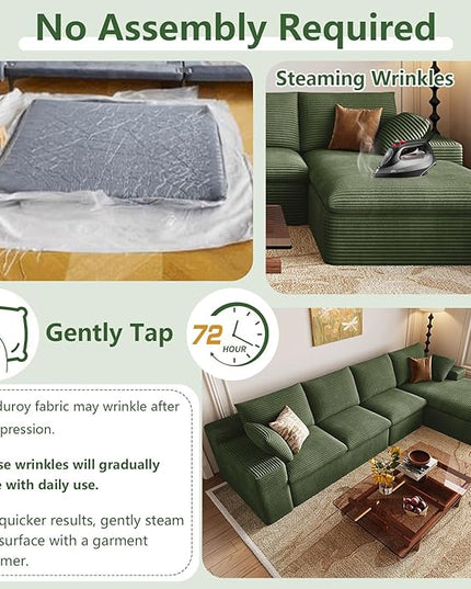 136" Cloud Couch Modular Sectional Sofa for Living Room, L-Shape Boneless Couch with Deep Seat, Modern Corduroy 4-Seater, No Assembly Required (Green,Right-Facing Chaise)