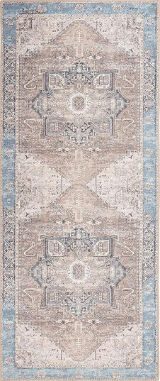 GLN Rugs Traditional Collection - Machine Washable Area Rug, Traditional Washable, Non Slip, Low Pile Chenille Rug, Living Room, Bedroom, Kitchen Rug (2'6"x7' Brown/Blue)