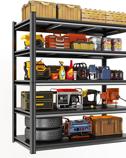 Metal Garage Shelving Unit, Heavy Duty 5-Tier Adjustable Storage Rack, Steel Shelving, 3020 lbs Capacity, Industrial Shelves for Heavy Tools and Equipment, Ideal for Garage, Basement, Black, 72"