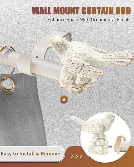White Curtain Rod 36 to 144 Inches Curtain Rods for Windows Adjustable Heavy Duty Drapery Rod with Bird Finials for Kitchen Window Living Room