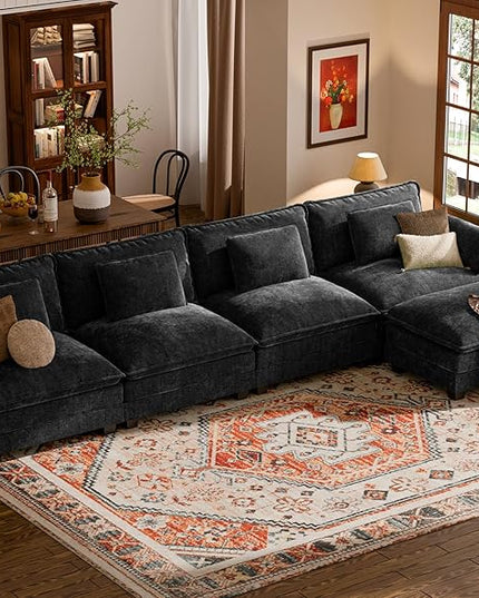 ELUCHANG Oversized 153" Modular Sectional Sofa, Comfy Cloud Couch, L Shaped Deep Seat Sofa Couches for Living Room, 5-Seater Modern Sofa with Movable Ottoman, DIY Combination - Chenille Black