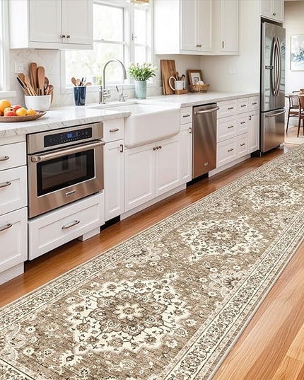 Washable Oriental Hallway Runner Rug - 3x20 Rugs for Living Room Soft Carpet for Bedroom Kitchen Waterproof Floral Distressed Indoor Stain Resistant Non-Shedding Floor Carpets (Beige, 3X20)