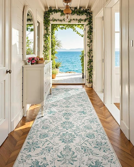 jinchan Torino Runner Rugs 3x10 Vintage-Inspired Floral Design Machine Washable Non-Slip Ultra-Thin Low-Pile Rubber Backing Traditional Rug for Kitchen Hallway Laundry Room Entryway Turquoise