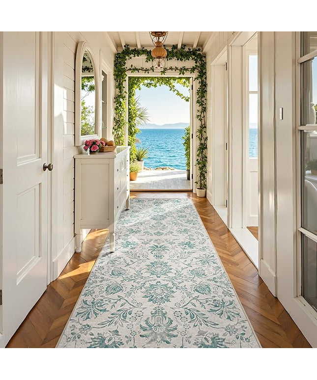 jinchan Torino Runner Rugs 3x10 Vintage-Inspired Floral Design Machine Washable Non-Slip Ultra-Thin Low-Pile Rubber Backing Traditional Rug for Kitchen Hallway Laundry Room Entryway Turquoise