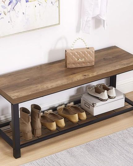 FOLUBAN Entryway Bench, Modern Shoe Storage Bench, Rustic Wood and Metal Entry Bench for Hallway Front Door Entrance, Industrial Indoor Bench for Bedroom Living Room, Oak, 43.3 Inch