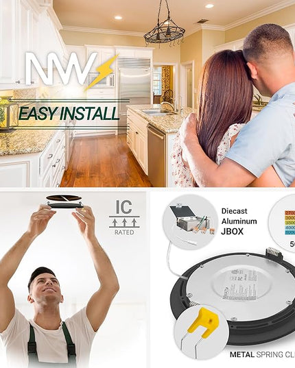 NUWATT 6 Inch Black Gimbal LED Recessed Lighting Canless Wafer Lights, 5CCT 2700K/3000K/3500K/4000K/5000K, Dimmable, 1050LM, 12W, Downlight Adjustable Recessed Swivel LED Sloped Ceiling Light, 6 Pack