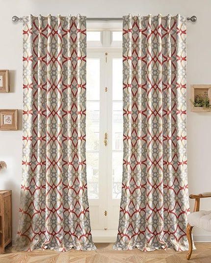 DriftAway Alexander 100% Blackout Curtains for Living Room Linen Blend Pattern Match Thermal Insulated Room Darkening Geo Moroccan Mid Century Back Tab Bedroom Drapes 2 Panels 52 x 108 Inch Linen Red