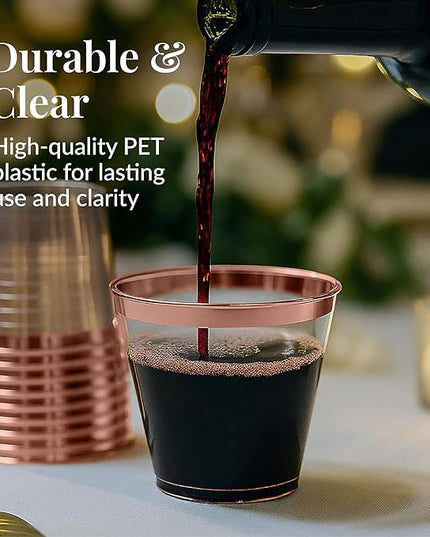 Prestee 200 Rose Gold Plastic Cups, 9oz – Elegant Hard Disposable Tumblers for Wine, Cocktails & Beverages – Clear Plastic Cups with Rose Gold Rim – Bulk Party Drinkware for Weddings, Holidays & Event