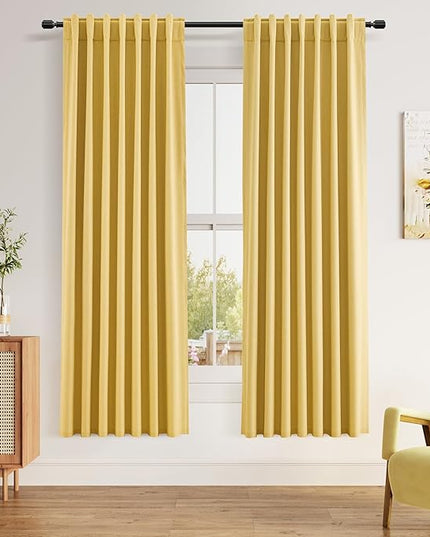 Guken Blackout Curtains 72 Inch Length 2 Panels Set for Living Room Bedroom Back Tab Thermal Insulated 100% Black Out Linen Drapes Room Darkening Window Curtains 72 Inches Long,Gold Yellow