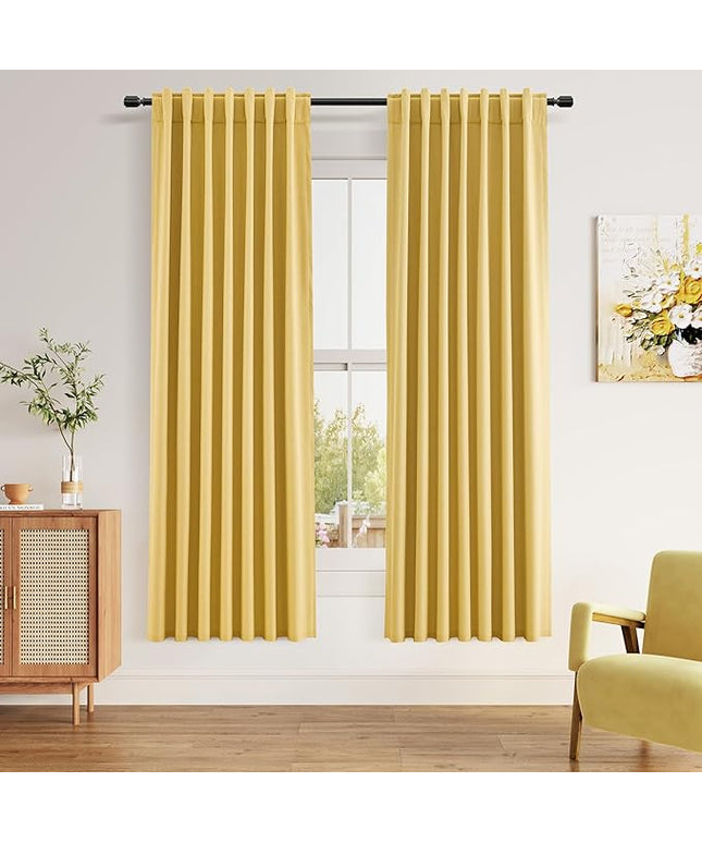 Guken Blackout Curtains 72 Inch Length 2 Panels Set for Living Room Bedroom Back Tab Thermal Insulated 100% Black Out Linen Drapes Room Darkening Window Curtains 72 Inches Long,Gold Yellow