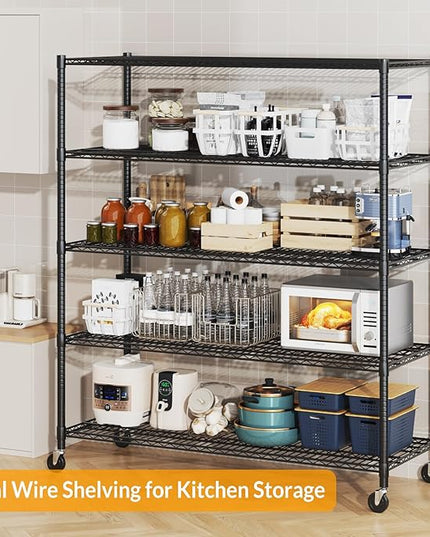 Himimi Storage Shelves with Wheels, 5-Tier Heavy Duty Steel Wire Rack Storage Shelving, Adjustable Metal Storage Shelves for Garage Kitchen Pantry Bathroom Laundry 18" D*60" W*82" H, Black